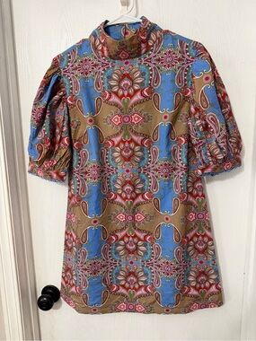 Ollari Mini Dress in Blue, Tan & Pink Floral Paisley Print.
